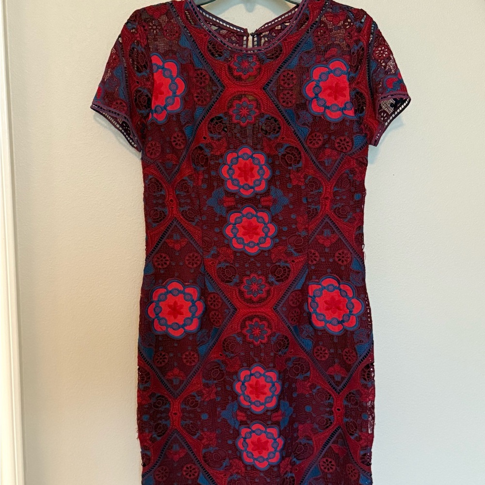Gianni Bini Red and Blue Floral Lace Mini Dress